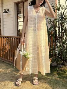 2026 Cárdigan largo blanco con textura, plisado y patchwork transparente.Ideal para festivales de música, San Valentín, bodas, informal, playa.Blusa de manga larga para mujer.Primavera/verano. - Amarillo - Ver 4