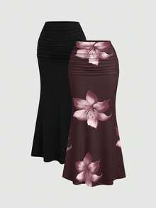 Sweetra 2件套女士优雅派对纯色美人鱼裙和花卉印花裙套装 - 彩色 - 查看 3