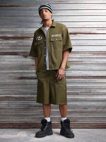 AXEPEAK 加大码男士字母印花单排扣短袖衬衫和短裤休闲日常套装 - 軍綠色 - 查看 6
