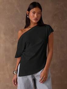 SHEIN BAE Áo thun nữ thời trang màu trơn, vạt áo bất đối xứng, vai lệch. - màu đen - Xem 4