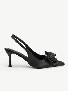 CUCCOO CHICEST 女士春夏蝴蝶结性感尖头细跟7.5厘米缎面纯色高跟鞋，适合日常通勤和约会穿着。 - 黑色色丁 - 查看 3