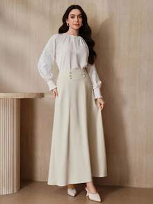 Graceveil Chân váy nữ màu trơn, có cúc cài, dáng xéo, thanh lịch - Màu be - Xem 2