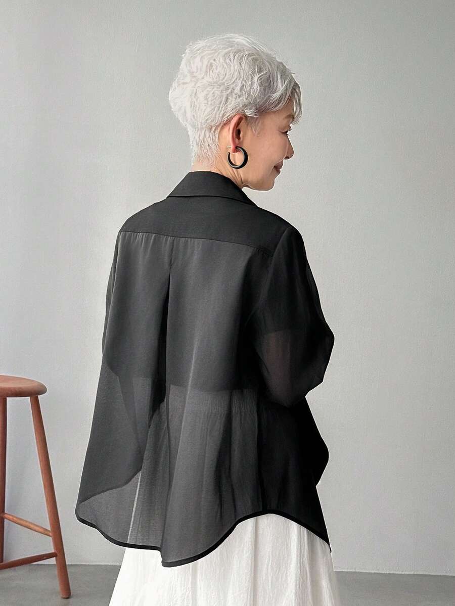 FRIFUL Blazer informal de mujer con parches de malla transparente de unicolor y espalda suelta, adecuado para primavera y verano - Negro - Ver 1