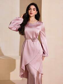 Graceveil Elegante Damen Bluse aus Acetat-Satin mit 3D Blumen Dekor, Bindegürtel und asymmetrischen Ärmeln - Pink - Übersicht 9