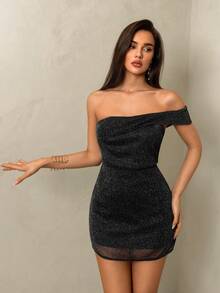 Glamine Vestido de cóctel elegante para mujer, con hombro asimétrico, ajustado y brillante, para otoño/invierno - Negro - Ver 1