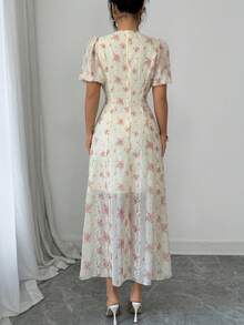 Modelyn 女士系带领花卉刺绣优雅收腰长花瓣袖派对连衣裙 - 黃色 - 查看 5