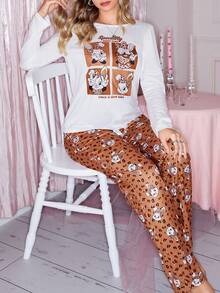 SweetSlumber Women's Comfortable Cartoon Rabbit Print Long Sleeve Top And Pants Pajama Set, Autumn Orange Pajama Set Women Pajamas Set Two Piece Orange Pj Set Coffee Pajamas Gingerbread Pajamas - Multicolor - View 4