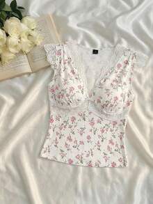 SHEIN MOD Áo nữ cổ chữ V phối ren in hoa, thích hợp mùa hè, lễ tình nhân, dự tiệc, đi biển, nghỉ lễ, tiệc trà, áo thường ngày cho nữ, áo hoa, sinh nhật, lễ hội, đi chơi, dễ thương, lãng mạn, phong cách cổ điển, thanh lịch. - trắng - Xem 3