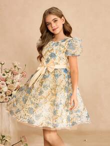 Girls Sweet Puff Sleeve Wedding Flower Girl Princess Dress, Netted Printed Dress For Birthday, Performance, Elegant Big Bow Decor Dress Girls Vintage Floral Dress Tween Dresses Puff Sleeve Tween Blue Floral Dress - Blue - View 5