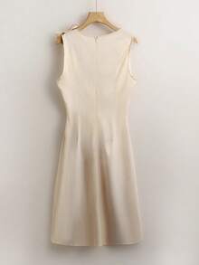 Franclia Women's Champagne Sleeveless Midi Dress With Bow Shoulder Design, Waist Ruched, Suitable For Commute, Holiday, Casual Occasions - Champagne - View 2