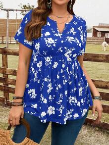 EMERY ROSE Plus Size Women Floral Print Notch Neck Short Sleeve T-Shirt, Vacation, Boho Bohemian Summer - Royal Blue - View 1