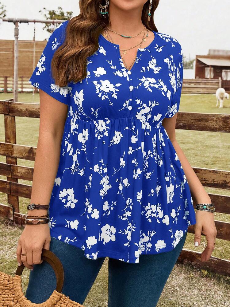Plus Size Women Floral Print V-Neck Short Sleeve T-Shirt,Vacation Outfits Woman,Boho For Women