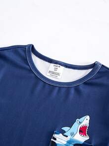 Boys' Shark Print Short Sleeve Snug Fit Pajama Set, Blue Camouflage Cool Print, Soft Sleepwear 2 Pieces Set - Navy Blue - View 3