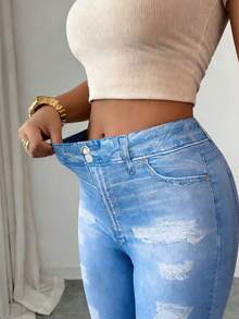 Elenzga Women's Blue Denim Print Fabric High-End Design Slim Fit Leggings, Elegant And Sophisticated, Suitable For Valentine's Day, Easter, Labor Day, Birthday Gifts, Dates, Parties, Formal Occasions, Teacher Outfits, Travel, Street Style, Spring/Summer Bottoms, Spring New Essential Fashion Item, Niche Design, Versatile Slim Fit Leggings - Blue - View 8