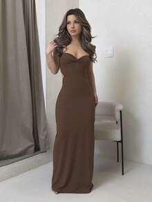 Jemour Women's Minimalist Solid Color Front Twist Backless Spaghetti Strap Summer Dress Party - Brown - View 5