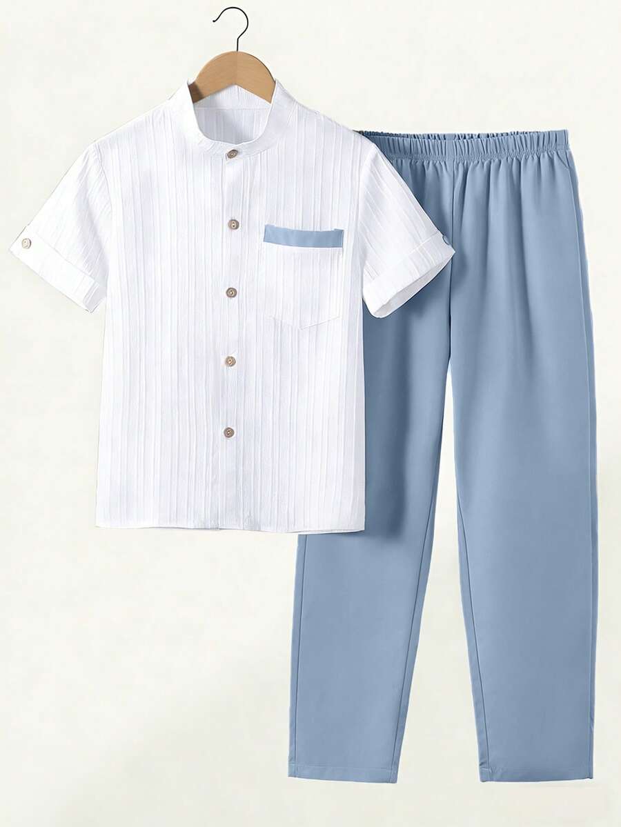 SHEIN Explorewe 2pcs/Set Teenage Boys' Casual School Style Simple White Shirt And Pants Outfit