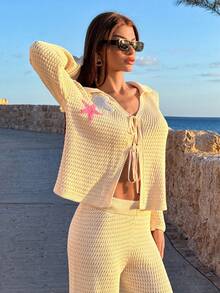 EURMUSE Conjunto de dos piezas para la playa con top de punto de ganchillo con estrellas de mar multicolor y pantalones de pierna ancha para mujeres - Beis - Ver 9