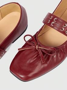 ROMWE Kawaii Chaussures plates à bout carré confortables avec décoration en nœud, style classique pour femmes - Rouge - Voir 4