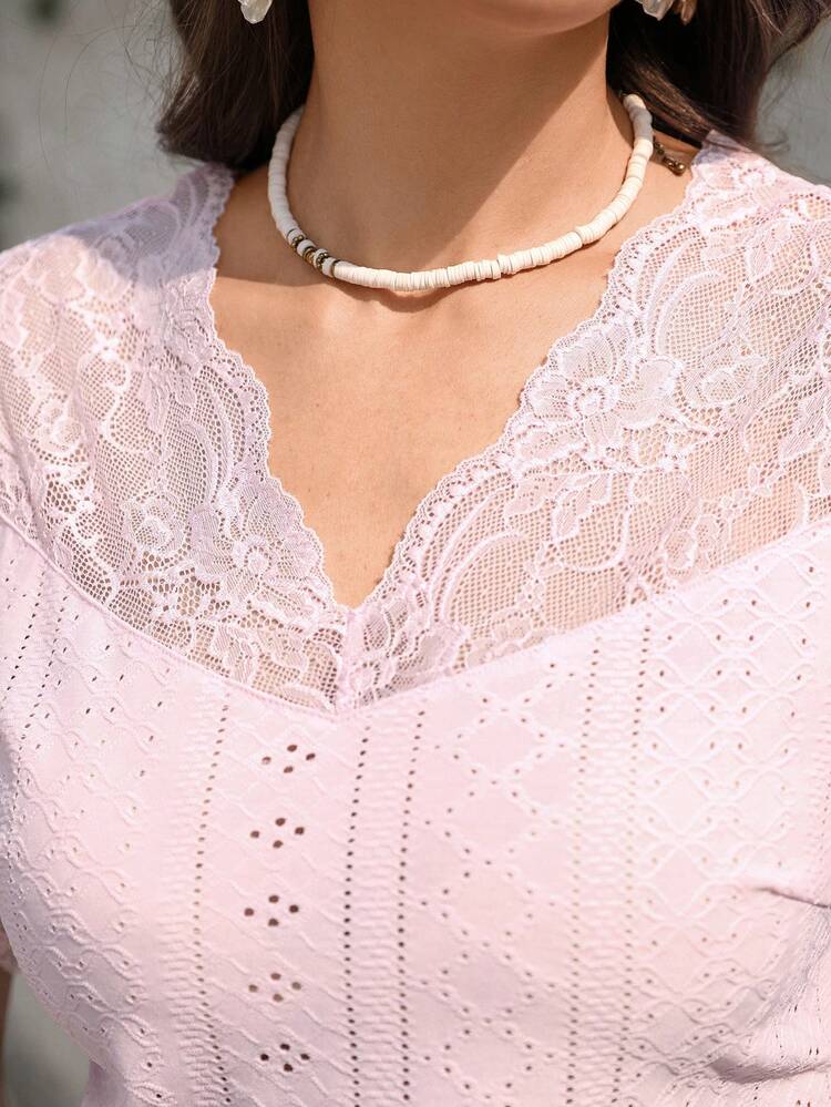 Plus Size Women V-Neck Lace Casual Versatile Daily Wear Short Sleeve Top, Summer Vacation Elegant, Going Out, Holiday For Women, Pink Lace Top