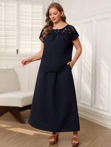 EMERY ROSE 2pcs Set Plus Size Women's Summer Casual Navy Blue Lace Trim Back Design Shirt Top And Long Skirt Two Pieces Set With Pockets, Tea Party Holiday Outfits - Navy Blue - View 4