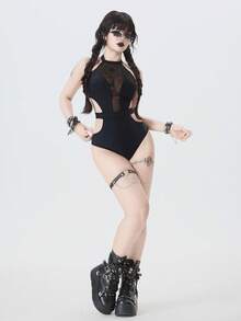 ROMWE Goth 女士哥特摇滚金属镂空蜘蛛网烧花网眼连体泳衣 - 黑色 - 查看 6