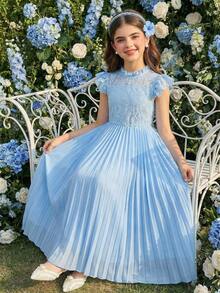 SHEIN 少女圆领喇叭短袖蕾丝拼接褶皱飘逸连衣裙，适合日常或派对穿着，四季皆宜 - 藍色 - 查看 1