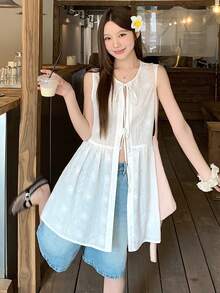 DAZY 女士花卉刺绣系带休闲百搭长款上衣，适合夏季日常穿着 - 白色 - 查看 5
