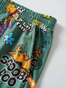 SCOOBY-DOO X SHEIN 男士加大码卡通字母印花落肩宽松长袖上衣和裤子睡衣套装，春秋季 - 黑色 - 查看 7