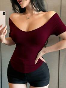 DAZY Red Off-Shoulder Crop Top, Casual Vacation Beach Style, Elegant For Music Festival, Valentine's Day, Wedding, Short Sleeve T-Shirt For Women, Spring & Summer - Red - View 6