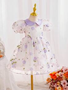 SHEIN Glamorique Kids 女童碎花腰部泡泡袖薄纱优雅派对连衣裙，适合所有季节 - 淡紫色 - 查看 3
