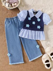SHEIN Playful Pals 2pcs/Set Toddler Girls' Fashion Cute Casual Denim Outfit, Puff Sleeve Shirt With Collar, Colorblock & 3D Flower Decor + 3D Flower Denim Pants, Spring/Summer - Navy Blue - View 3