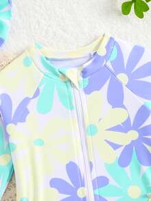 Cute Newborn Baby Swimwear,Long Sleeve Rash Guard Swimsuit With Sun Hat,Macaron Floral Pattern,Zipper Infant Beachwear For Summer,Pool Party,Holiday - Mint Green - View 4