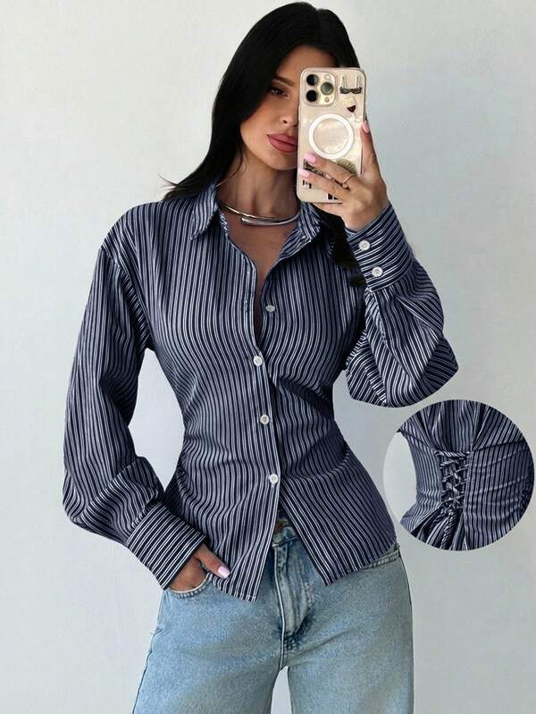 Firerie Women's Blue And White Striped Long Sleeve Shirt, Tie-Waist Shirt, Casual Commuter Shirt, Vacation Shirt, Cinched Waist Striped Shirt, Suitable For Spring, Summer, Autumn And Winter, Elegant, Vacation, Bohemian, Work Attire