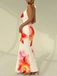 Aloruh 女士度假印花垂褶领修身美人鱼连衣裙 - 彩色 - 查看 4