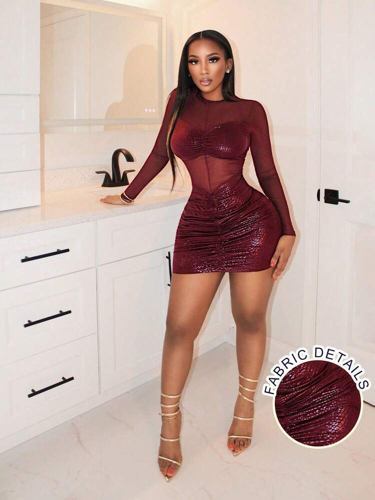 red mesh bodycon dress VaVaBold Women's Sexy Round Neck Long Sleeve Short Pencil Hem or no bra