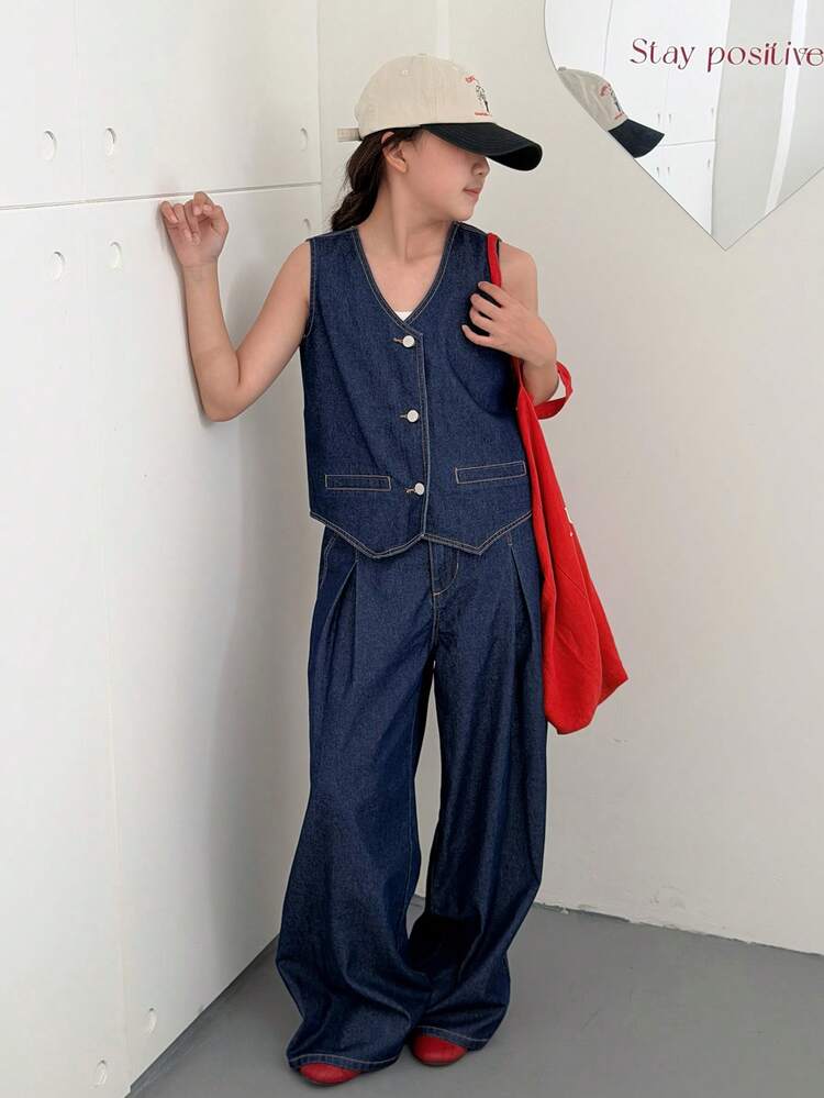 2pcs Tween Girls V-Neck Denim Vest & Wide Leg Jeans Set, Fall Outfit