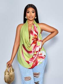 SOLERSUN Plus Size Sexy And Elegant Seaside Party Vacation Print Beach Top Ladies Spring And Summer Halter Neck Top - Green - View 5