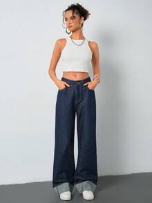 EURMUSE 100% Cotton Women's Casual Wide Leg Jeans - Dark Wash - View 5