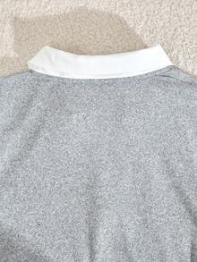 少女休闲撞色 Polo 领长袖 T 恤和裤子套装，秋季 - 灰色 - 查看 6