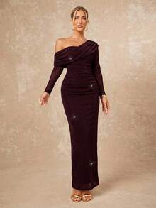 Lumalex 女士优雅派对亮片单肩连衣裙 - 酒紅色 - 查看 5