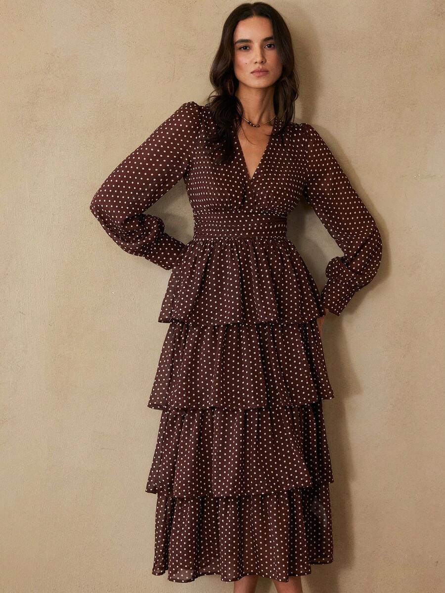 Revavyn 优雅复古法式浪漫波点V领收腰叠层连衣裙，适合日常、度假、约会，尽显女性魅力。 - 彩色 - 查看 1
