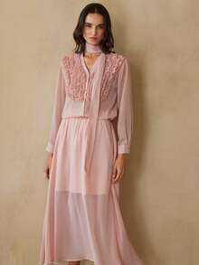 BELROSIE Elegant Women's Chiffon Crinkle Fabric V-Neck Frill Trim Loose Belted Blouse Paired With Elastic Waist A-Line Skirt, 2 Pieces Set - Pink - View 5