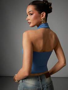 Hauture Atasan Tank Top Wanita Polos Model Crop Pas Badan Kasual dengan Leher Halter - Biru - View 3