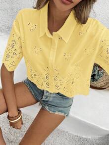 Vivid Eden Áo sơ mi nữ tay ngắn, kiểu dáng thường ngày, chất liệu vải dệt họa tiết, thích hợp cho kỳ nghỉ. - Màu vàng ngỗng - Xem 2