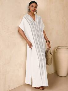Lyxana Vestido Casual de Férias Reto Bege com Recortes para Mulheres - Bege - Visão 4