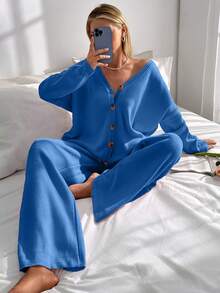 EURMUSE 落肩开衫 & 前系带针织裤 - 藍色 - 查看 6