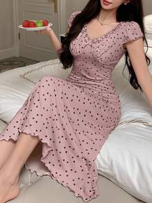 DAZY 碎花荷葉邊收腰長款女式睡袍睡衣 - 粉色 - 查看 5