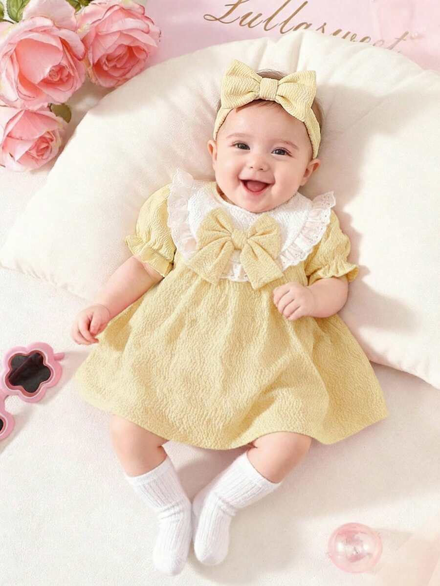 SHEIN Cute Newborn Baby Girl Yellow Dress & Bow Headband Set,Soft Summer Colour Palette,Summer Princess Lace Collar Fluffy Skirt Lettuce Ruffle Trim Outfit - Apricot - View 1
