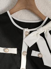 SHEIN Elladie kids 1件少女夏季新款拼接白色腰部半开领褶裥下摆设计圆领短袖简约百搭甜美度假通勤优雅连衣裙 - 黑色 - 查看 7
