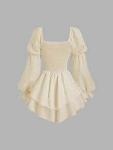 Sweetra French Romantic Early Autumn Fashion Sense Princess Style Petal Sleeve Dress, Sophisticated Waist Cinched Asymmetric Hem Design, Party Banquet Playful Cute Pure White Ladies Dress - Apricot - View 2